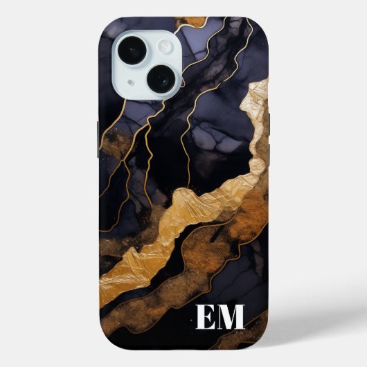 Zwart Goud Abstract Marmeren Monogram Initialen Case-Mate iPhone Case (Achterkant)
