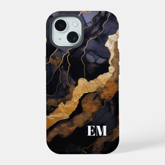 Zwart Goud Abstract Marmeren Monogram Initialen iPhone 15 Case (Achterkant)