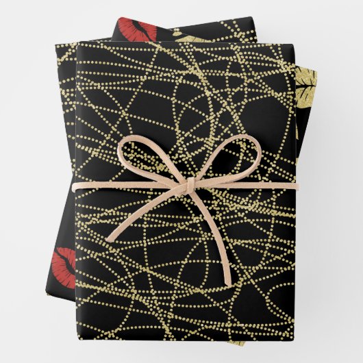 Zwart Goud Abstract Red Lips Vrijgezellenfeest Inpakpapier Vel (In situ)