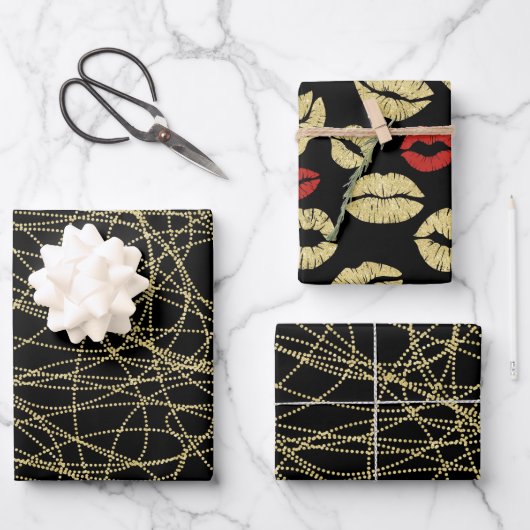 Zwart Goud Abstract Red Lips Vrijgezellenfeest Inpakpapier Vel (Voorkant)