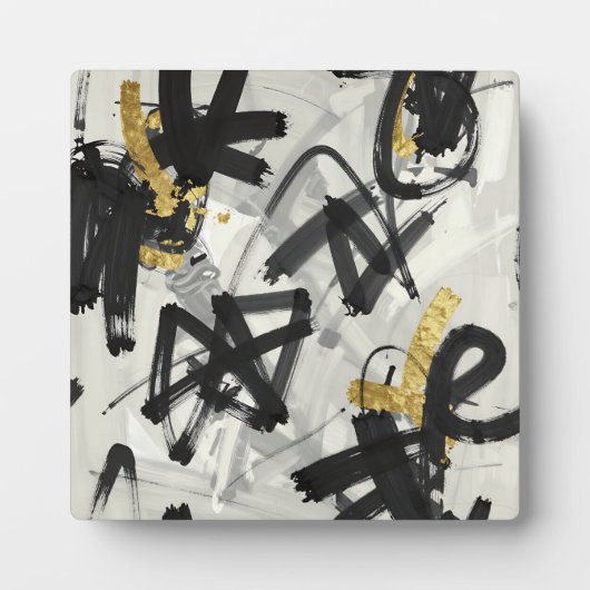 Zwart Goud Abstracte Penseelstreken Fotoplaat (Voorkant)