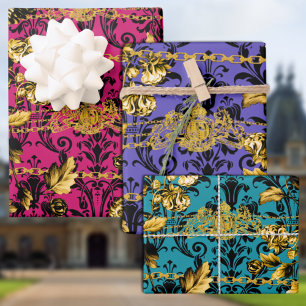 Zwart & Goud Acanthusblad Gouden Kettingen Luxe Inpakpapier Vel