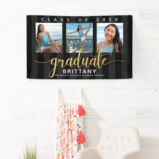 Zwart goud afstudeerder 3 foto modern glitter scri spandoek (Insitu)