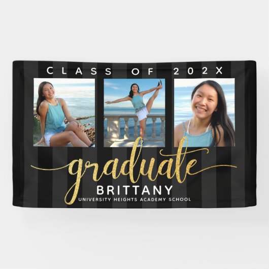 Zwart goud afstudeerder 3 foto modern glitter scri spandoek (Horizontaal)