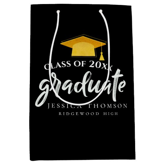 Zwart & Goud Afstudeerder Pet Graduation Party Fav Medium Cadeauzakje (Voorkant)