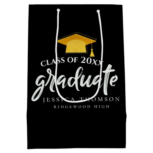 Zwart & Goud Afstudeerder Pet Graduation Party Fav Medium Cadeauzakje (Achterkant)