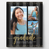 Zwart Goud Afstuderen 3 Foto Glitter Script Chic Fotoplaat (Voorkant)