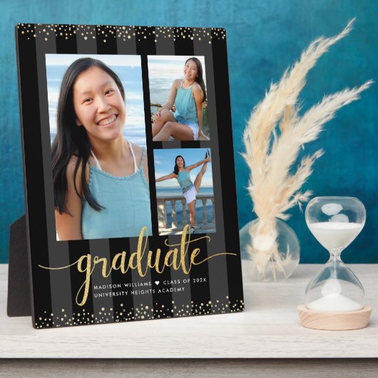 Zwart Goud Afstuderen 3 Foto Glitter Script Chic Fotoplaat (Zijkant)