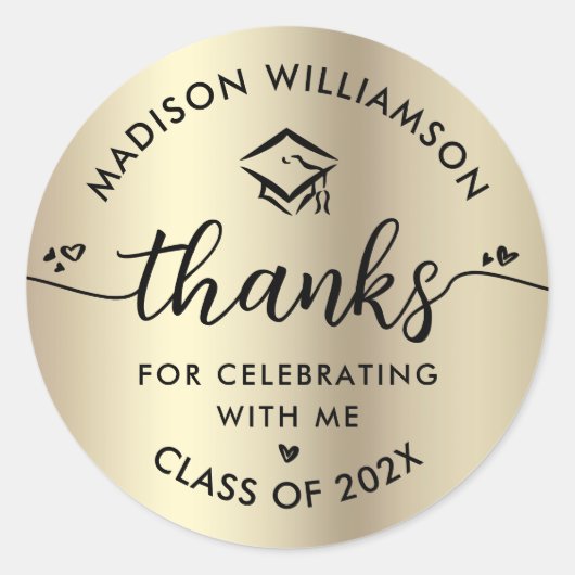 Zwart Goud Afstuderen Bedankt Modern Script Pet Ronde Sticker (Voorkant)