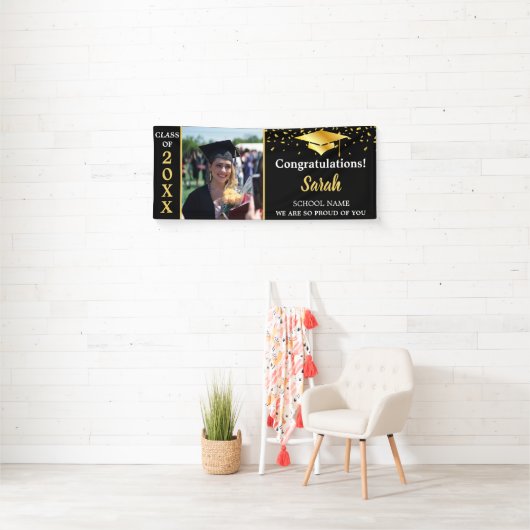 Zwart & Goud Afstuderen Custom Fotoklasse van 2025 Spandoek (Insitu)