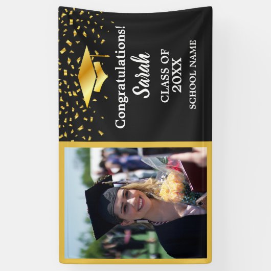 Zwart & Goud Afstuderen Custom Fotoklasse van 2025 Spandoek (Verticaal)