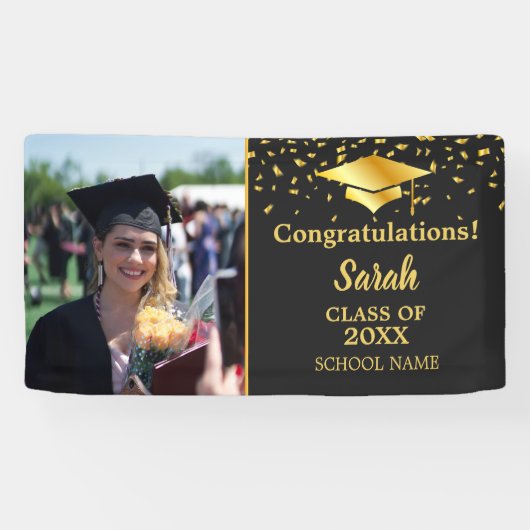 Zwart & Goud Afstuderen Custom Fotoklasse van 2025 Spandoek (Horizontaal)