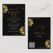 Zwart Goud Afstuderen Invitation met QR Code Notitiekaartje (Voorkant / Achterkant)