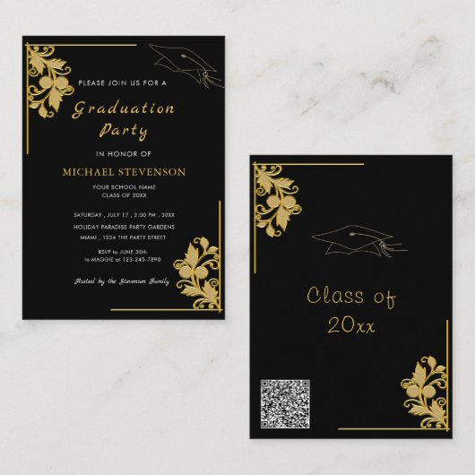 Zwart Goud Afstuderen Invitation met QR Code Notitiekaartje (Voorkant / Achterkant)
