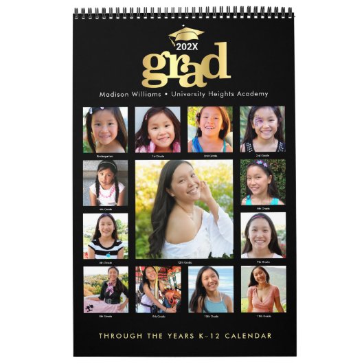 Zwart Goud Afstuderen K-12 Fotocollage 15 Maand Kalender (Hoes)