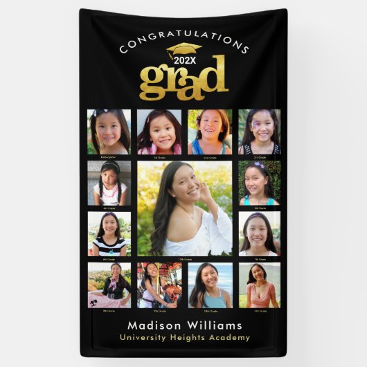 Zwart Goud Afstuderen K-12 Fotocollage Modern Spandoek (Verticaal)