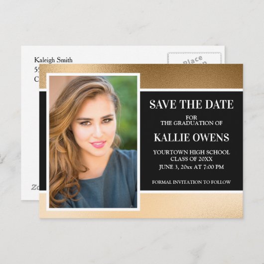 Zwart Goud Afstuderen Save the Date Aankondigingskaart (Voorkant / Achterkant)