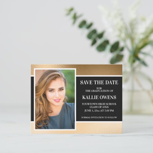 Zwart Goud Afstuderen Save the Date Aankondigingskaart (Staand voorkant)