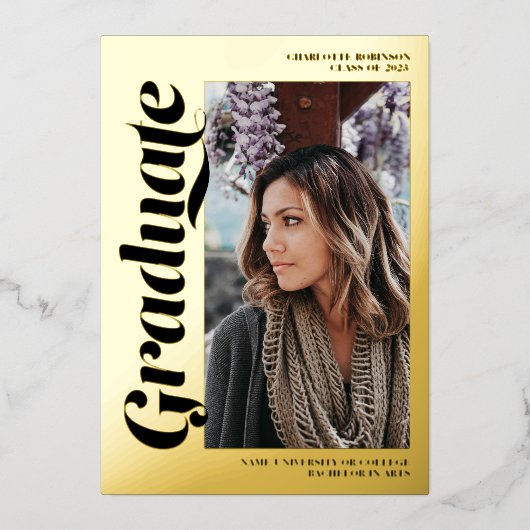 Zwart goud afstuderen script 3 foto's afstuderen folie uitnodiging (Voorkant)