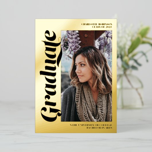 Zwart goud afstuderen script 3 foto's afstuderen folie uitnodiging (Staand Voorkant)