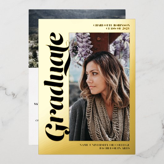 Zwart goud afstuderen script 3 foto's afstuderen folie uitnodiging (Voorkant / Achterkant)