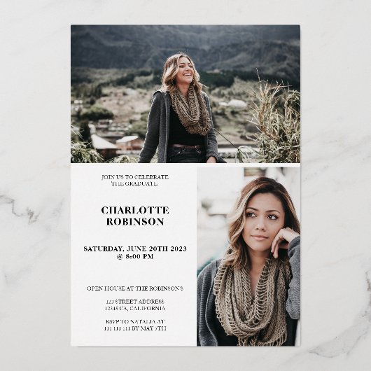 Zwart goud afstuderen script 3 foto's afstuderen folie uitnodiging (Achterkant)