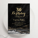 Zwart Goud Agaat 30e Verjaardag Kaart<br><div class="desc">Zwart en goud agaat 30e verjaardag feestuitnodiging. Elegant modern ontwerp met waterverf agaat marmeren geode achtergrond,  faux glitter goud en typografie script lettertype. Trendy uitnodigingskaart perfect voor een stijlvol vrouwenfeest. Gedrukte Zazzle-uitnodigingen of direct download digitale afdrukbare sjabloon.</div>