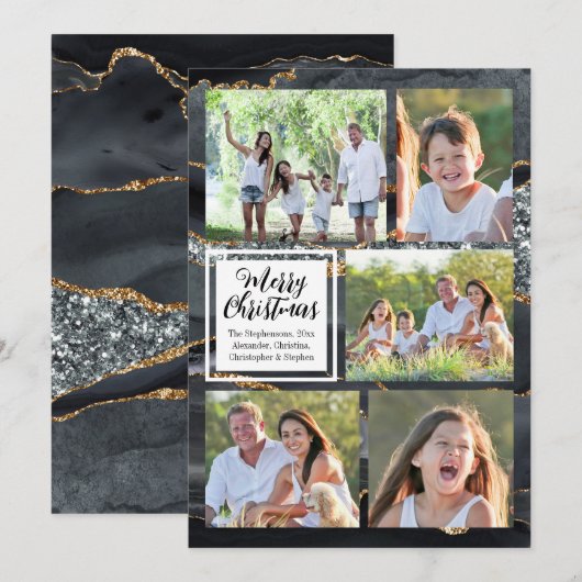 Zwart Goud Agaat 5-foto Vrolijk Kerstfeest Kaart (Voorkant / Achterkant)
