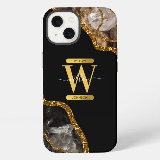 Zwart & Goud Agaat Geode Monogram iPhone Hoesje (Achterkant)