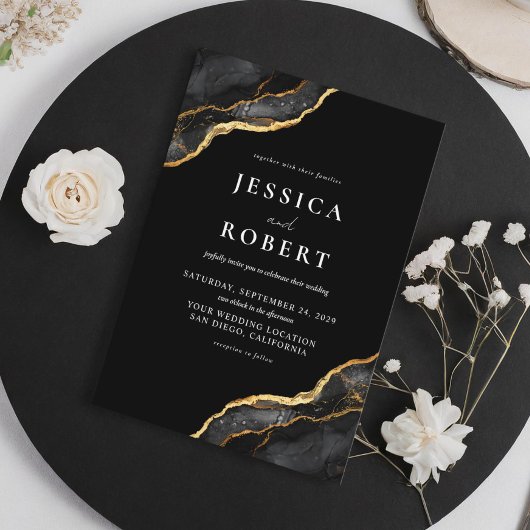 Zwart Goud Agaat Marmer Elegant Bruiloft Folie Uitnodiging