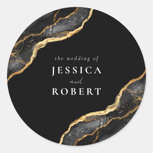 Zwart Goud Agaat Marmer Elegant Bruiloft Ronde Sticker (Voorkant)