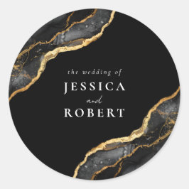 Zwart Goud Agaat Marmer Elegant Bruiloft Ronde Sticker