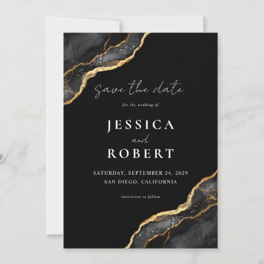 Zwart Goud Agaat Marmer Elegant Bruiloft Save The Date (Voorkant)