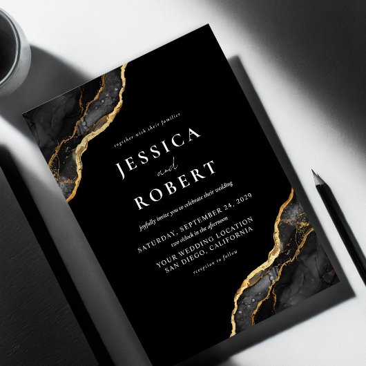 Zwart Goud Agaat Marmer Elegante Bruiloft Uitnodig Kaart