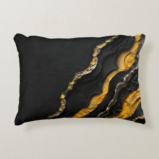 Zwart Goud Agate Gelaagde Abstracte Kunst | Luxe Accent Kussen (Voorkant)
