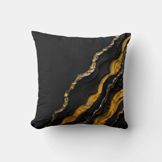 Zwart Goud Agate Gelaagde Abstracte Kunst | Luxe Kussen (Voorkant)