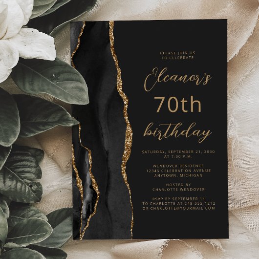 Zwart Goud Agate Leisteen Script 70ste Verjaardag Kaart