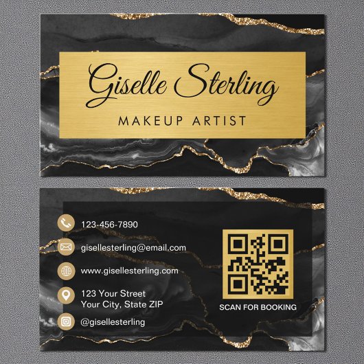 Zwart Goud Agate Visagist Glitter QR Code Visitekaartje