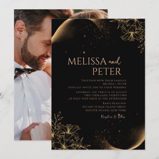 Zwart Goud Alcohol Ink foto Bruiloft Uitnodiging (Voorkant / Achterkant)