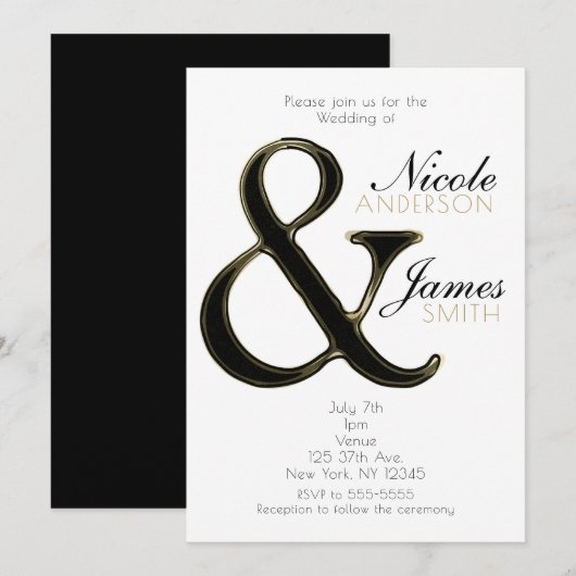 Zwart & Goud Ampersand Chic Trouw Uitnodigingen (Voorkant / Achterkant)