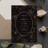 Zwart & Goud Anemone Line Art Wildflower Bruiloft Kaart