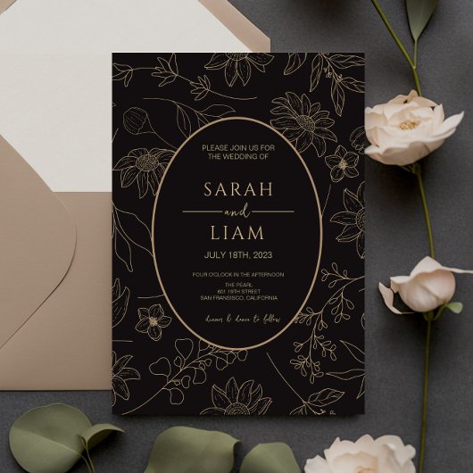 Zwart & Goud Anemone Line Art Wildflower Bruiloft Kaart