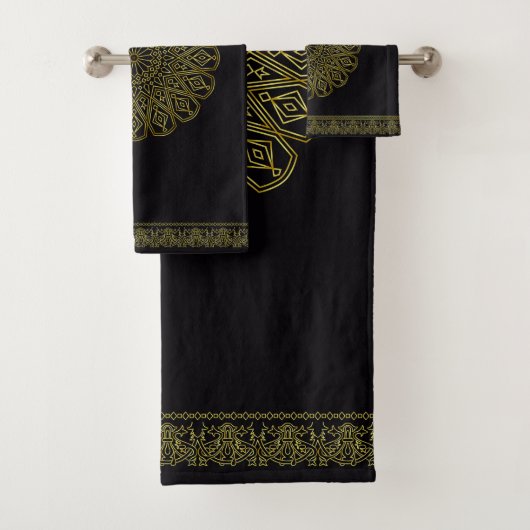 Zwart & Goud Arabesque Patroon Handdoek Set (Insitu)