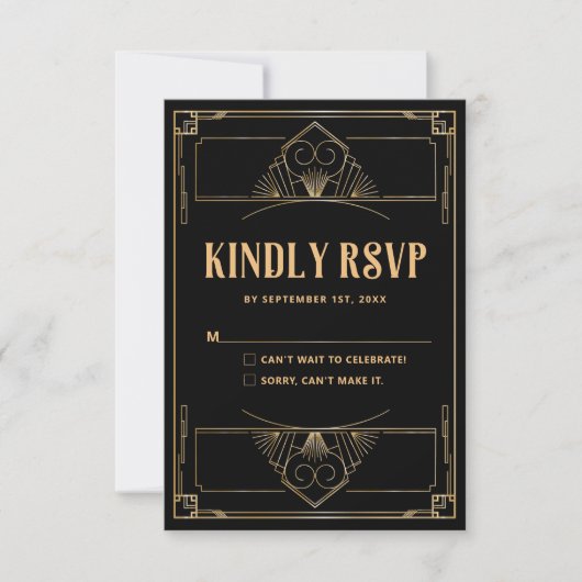 Zwart Goud Art Deco 20s Wedding QR Code RSVP Card Bedankkaart (Voorkant)