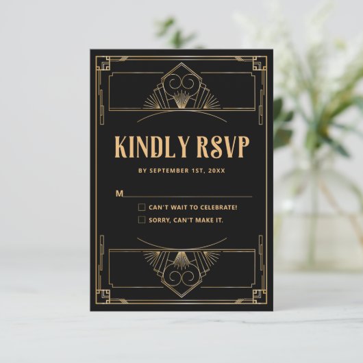 Zwart Goud Art Deco 20s Wedding QR Code RSVP Card Bedankkaart (Staand voorkant)
