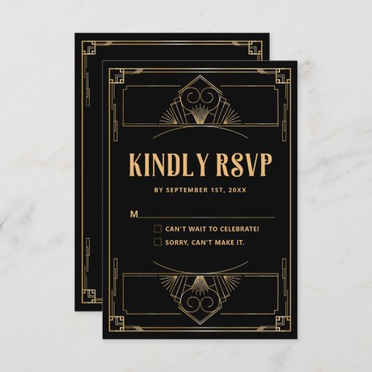 Zwart Goud Art Deco 20s Wedding QR Code RSVP Card Bedankkaart (Voorkant / Achterkant)
