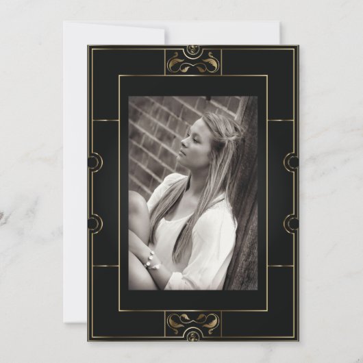 Zwart/Goud Art Deco AFSTUDEREN Uitnodiging (Achterkant)