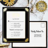 Zwart Goud Art Deco Bloemen Huwelijk RSVP Reageer Folie Uitnodiging Briefkaart