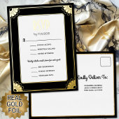 Zwart Goud Art Deco Bloemen Huwelijk RSVP Reageer Folie Uitnodiging Briefkaart
