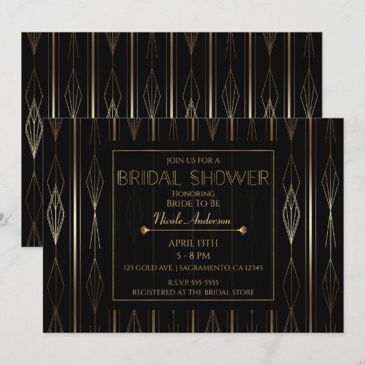 Zwart & Goud Art Deco Bruidsdouche Kaart (Voorkant / Achterkant)